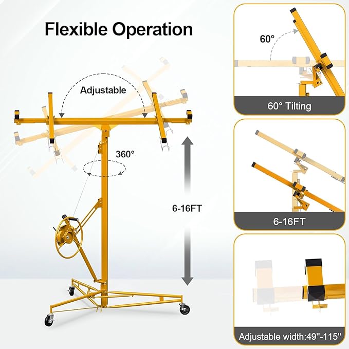 16FT Drywall Lift Sheetrock Lift, 150LBS Capacity, Drywall Lift Panel Hoist with Telescopic Arm, Drywall Jack Lift with 3 Lockable Wheels for Home Improvement, 4'x16' Panel Size, Yellow