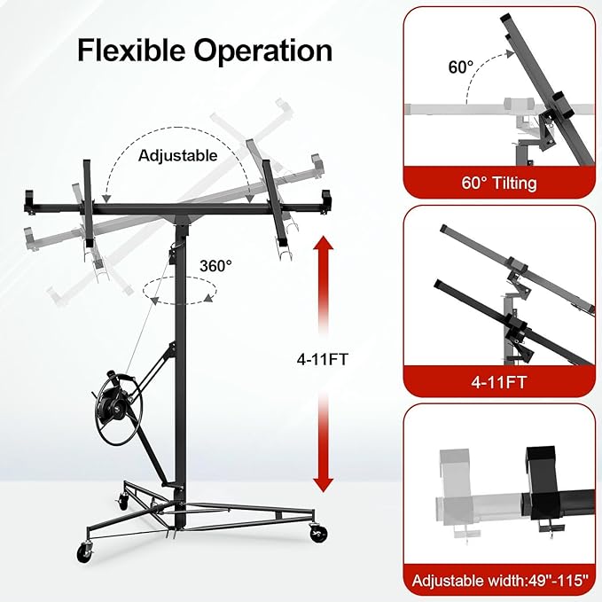 11FT Drywall Lift Sheetrock Lift, 150LBS Capacity, Drywall Lift Panel Hoist with Telescopic Arm, Drywall Jack Lift with 3 Lockable Wheels for Home Improvement, 4'x16' Panel Size, Black