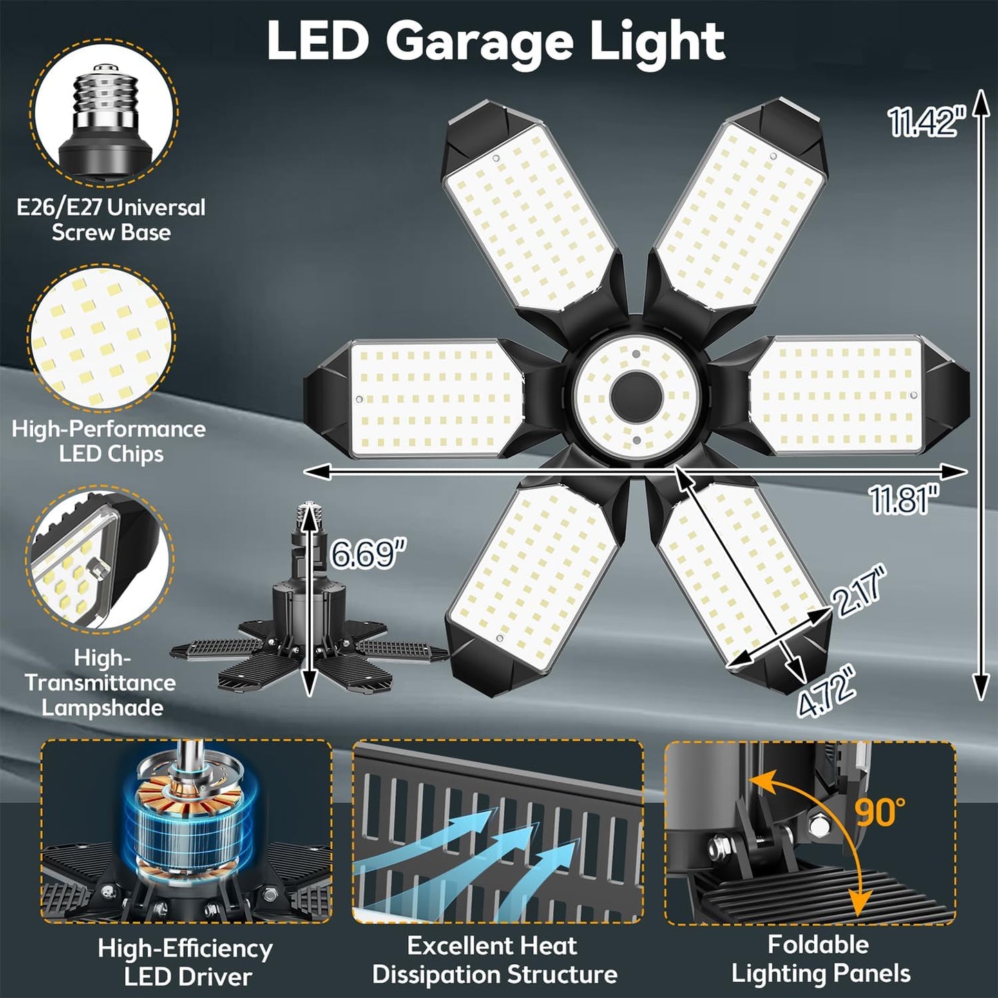LED Garage Light 2 Pack Super Bright 15000LM LED Shop Ceiling Lights 6500K Garage Lighting, 360°&180° Adjustable Basement Lights with 6 Deformable Panels Screw in E26 E27 Socket for Storage Barn Attic