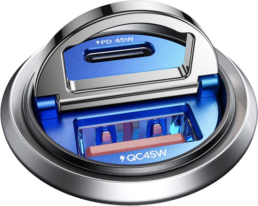 MRGLAS 90W USB C Car Charger Fast Charging, [Smallest Metal] Dual Port PD45W+QC3.0 Cigarette Lighter Adapter for iPhone 16 Pro Max 15 iPad Samsung S25 - Blue