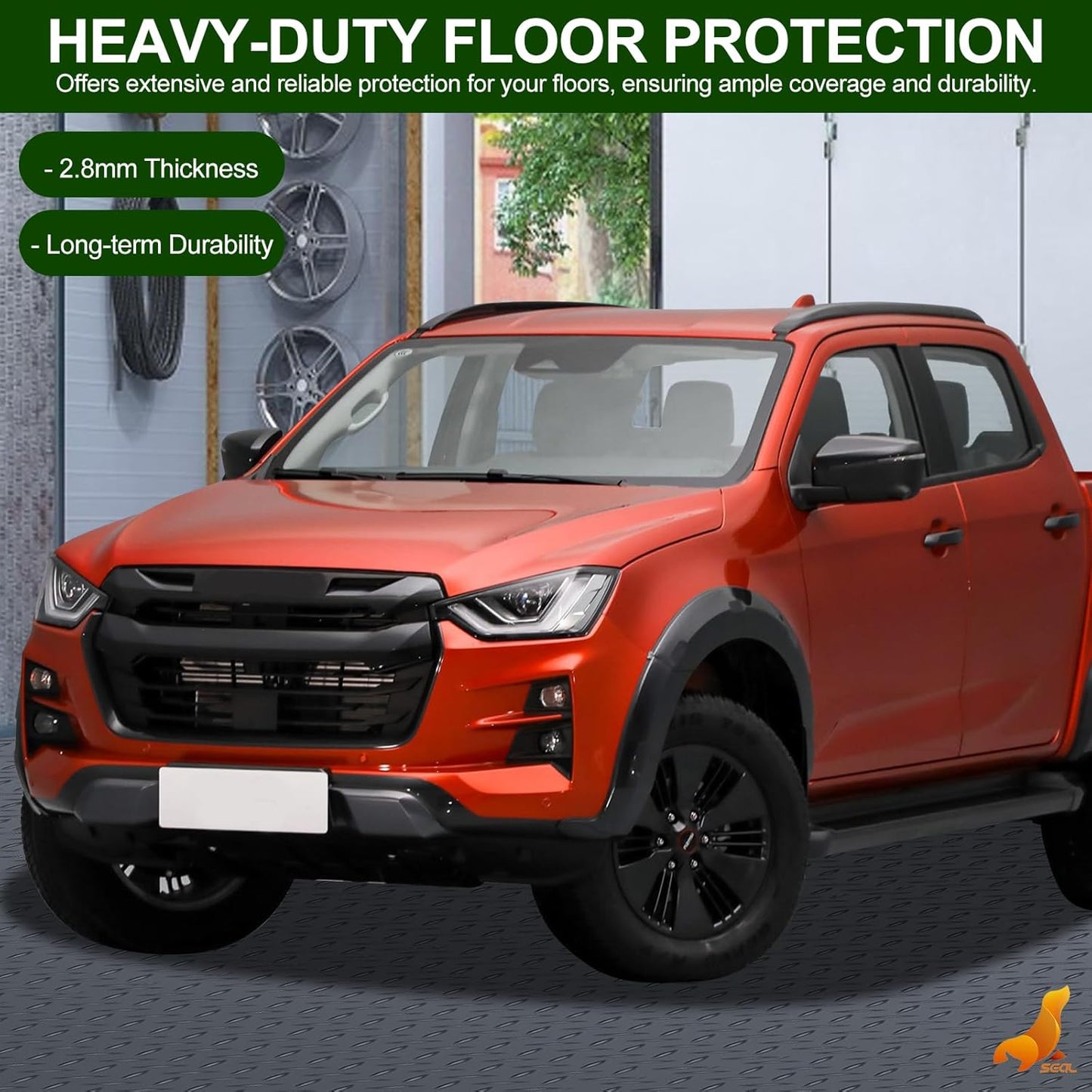 SEAL 5 x 15 Ft Premium Garage Floor Mat, Solid 2.8mm Thick Gray Commercial Grade Heavy Duty Parking Mat for Garage Floor, Golf Cart Parking, Water/Stain Resistant Floor Runner (Embossed Diamond Plate)