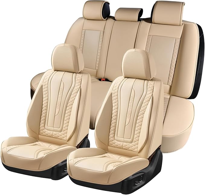 Coverado 9912 Car Seat Covers Full Set, Front Seat Cover and Back Seat Covers for Cars, Faux Leather Waterproof Seat Covers, Car Seat Covers Universal for Most Vehicles (Beige, FullSet)