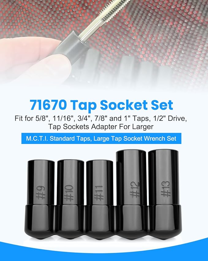 71670 Tap Socket Set Fit for 5/8", 11/16", 3/4", 7/8", 1" Standard Taps, 1/2" Drive Tap Socket Adapter for Large Tap and Die Set, for M.C.T.I. Standard Taps