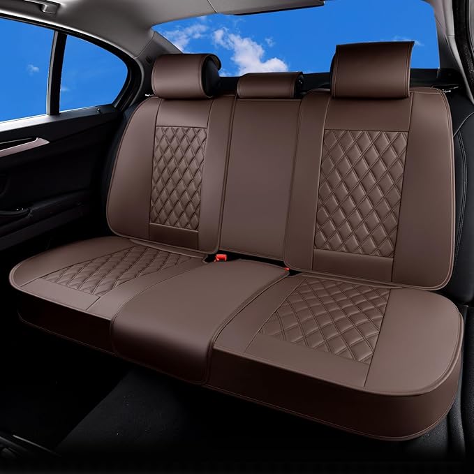 Huidasource Coffee Back Seat Cover, Nappa Leather Rear Seat Cover Velcro Adjustable, Compatible with Armrests, Seat belts, Child Safety Seats, Universal Fit for Most Cars SUVs Trucks (Back Row/Coffee)