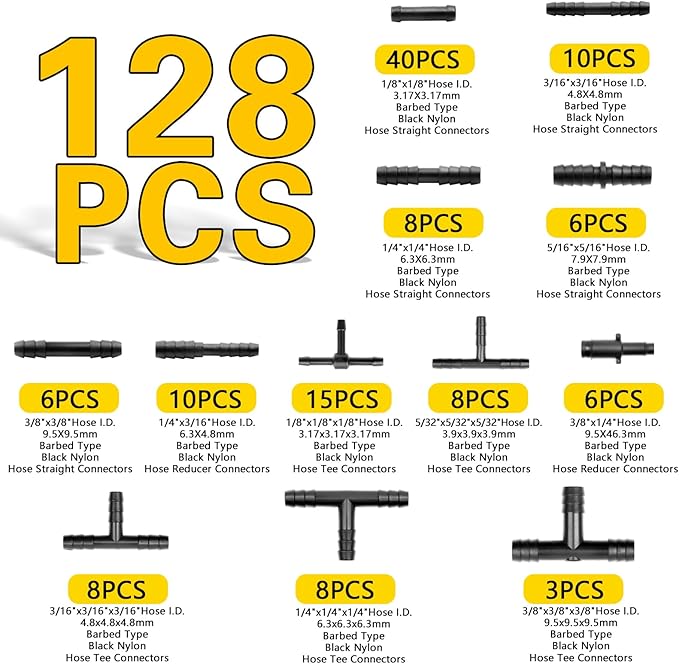 Silicone Vacuum Tubing Hose 6.6 FT 6PCS With Vacuum Connector 12 Sizes 128PCS, 1/8" 5/32" 3/16" 1/4" 5/16" 3/8" ID High Performance 130PSI, Engine Automotive Vacuum Silicone Hose Line Kits