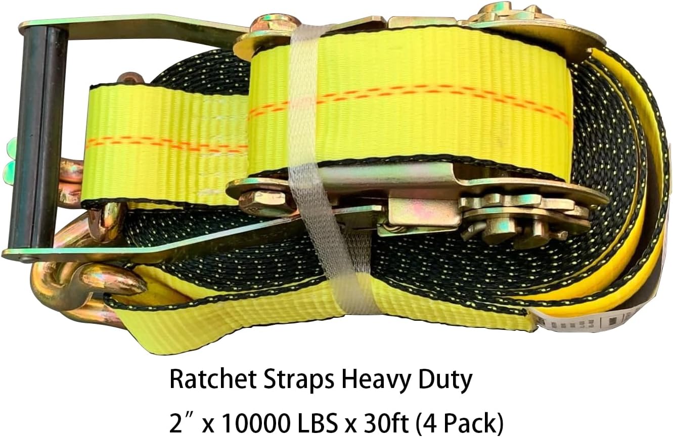 Ratchet Straps Heavy Duty (4PK) 2" x 30' x 10000 lbs J Hook Tie Down Strap Ratcheting for Truck, ATV, UTV and Trailer