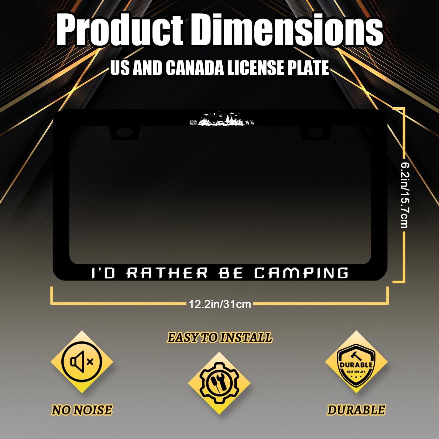 I'd Rather be Camping License Plate Frame Funny Camper License Plate Holder for Personalized Mountain Car Decorative Stainless Steel License Plate Camp Auto Part with Screws 12.2" x 6.2"