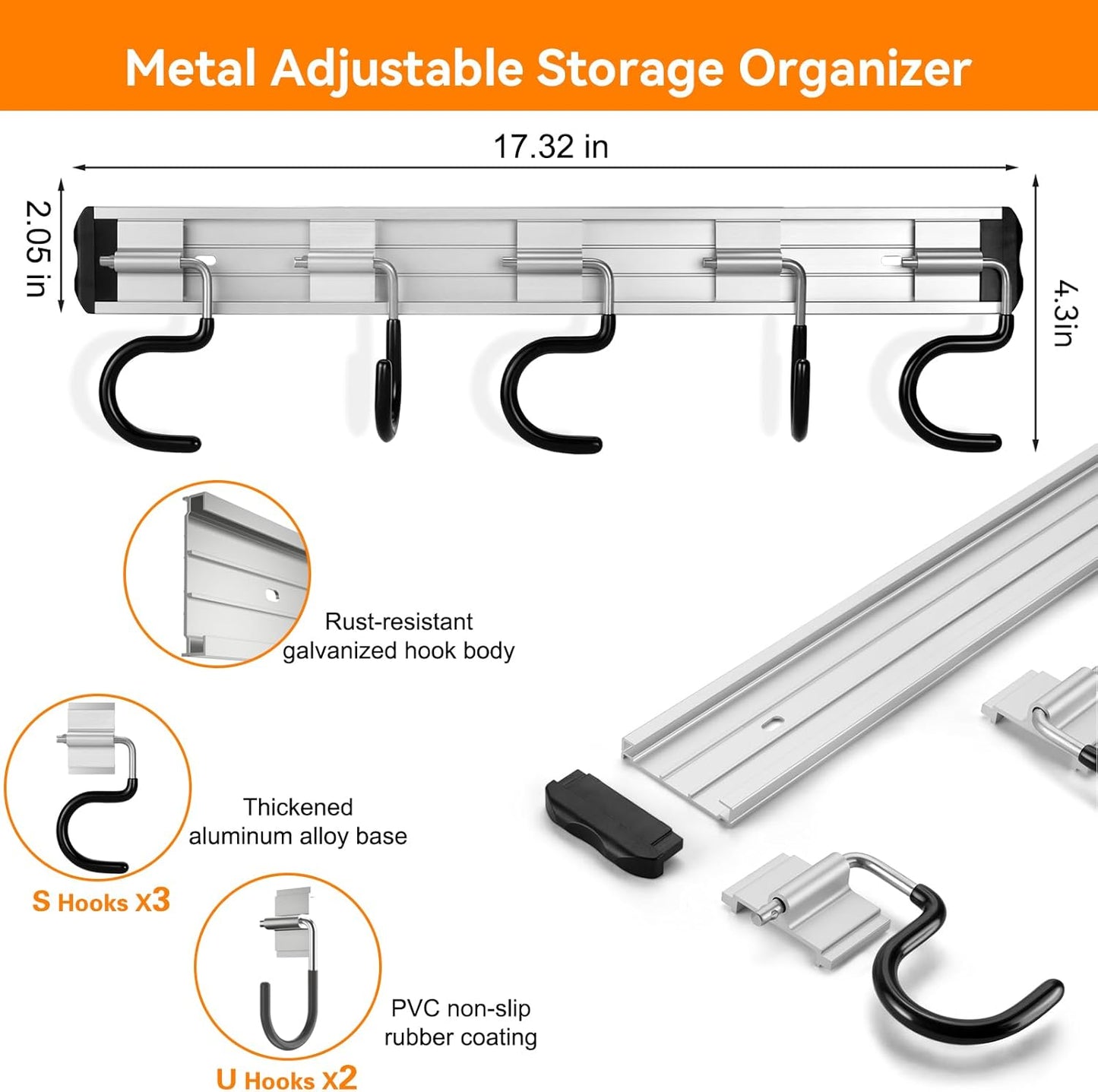 69'' Aluminum Alloy Garage Tool Organizer Hooks,Broom Holder Wall Mount, Adjustable Garden Wall Mount Holder for Hanging Shovel Broom Rake Bulk Items and More