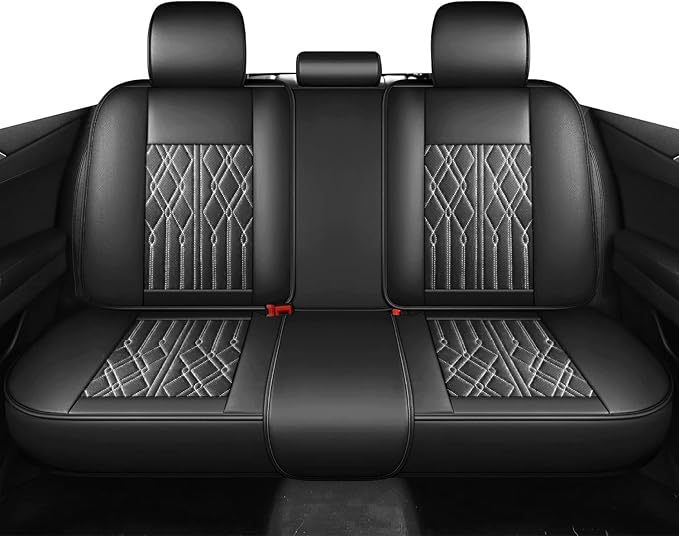 Huidasource Rear Seat Covers, Waterproof Faux Leather Rear Split Bench Car Seat Covers, Universal Fit Automotive Back Seat Covers for Most Cars Sedan SUV Pickup Truck (Back Row/Black&White)