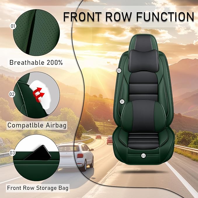 Car Seat Covers Fit for Toyota Highlander 2000-2025 | 7 Seat Car Seat Cover | No-Slip Waterproof Breathable Faux Leather Automotive Seat Covers Auto Interior Covers Black Green,Full Set with Pillow