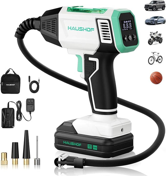 HAUSHOF Tire Inflator Portable Air Compressor, 150 PSI Cordless Air Pump with Digital Pressure Gauge, 20V Rechargeable Battery & 12V DC Power, Auto Shut-Off for Cars, Motorcycles, Bikes