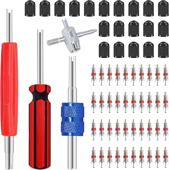64PCS Tire Valve Stem Removal Tool Kit - 40PCS Tire Valve Cores, 20PCS Valve Stem Caps, 4-Way Valve Tool, Single and Dual Heads Valve Core Remover Tire Repair Tool