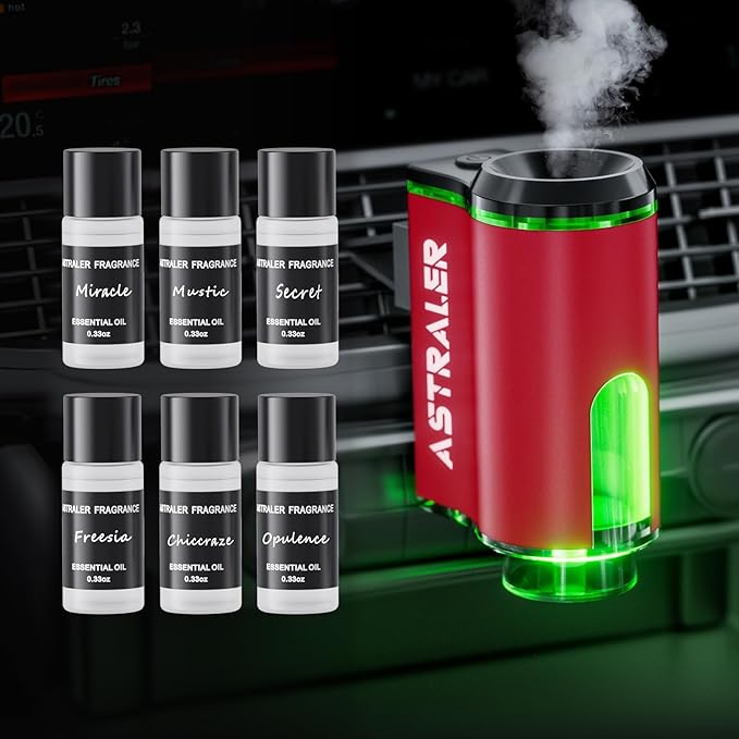 Smart Car Air Freshener Diffuser – Auto On/Off Aromatherapy Diffuser with 3 Scent Modes, USB Rechargeable, Vent Clip, 6 Essential Oil Refills Included – Long-Lasting Fragrance, Car Decor & Gift