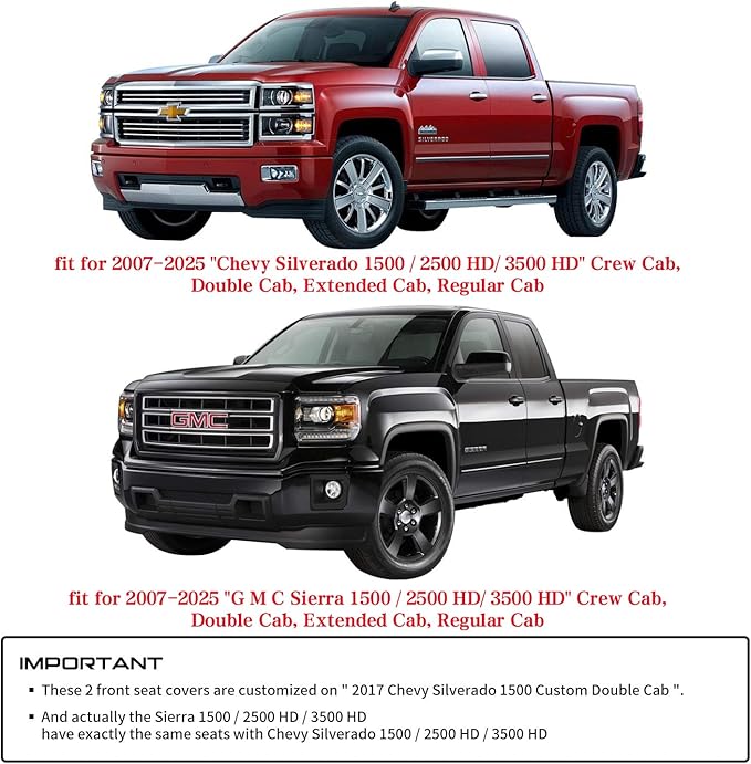 Aierxuan Rear Chevy Silverado GMC Sierra Car Seat Covers, Custom Fit 2007-2025 1500 2500 HD 3500 HD Crew, Double, Extended Cab or Pickup Truck, Vehicle Cushion Cover with Waterproof Leather (Black)