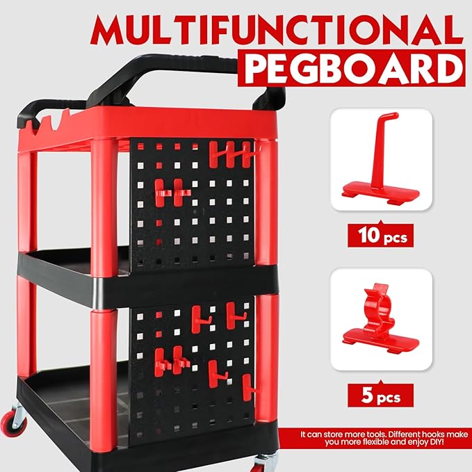 Auto Detailing Cart with Wheels, 3 Tier Car Detailing Cart with Hanging Boards & Hooks, Car Wash Organizer for Garage Workshop DIY Home