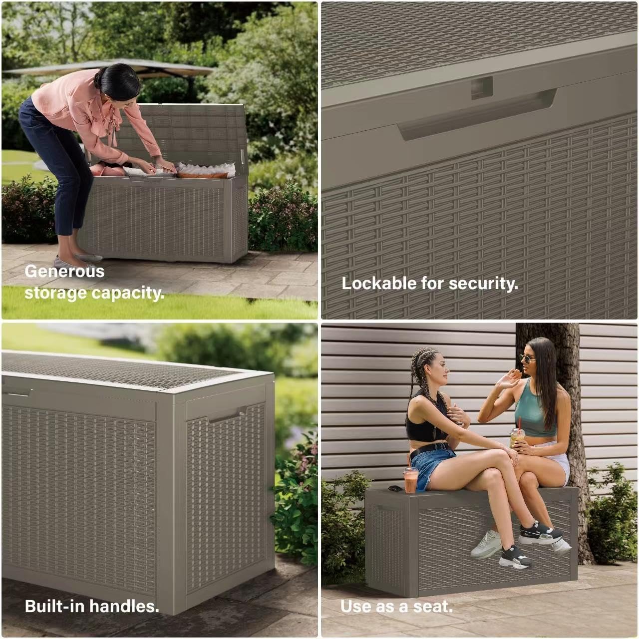200 Gallon Resin Deck Box, Waterproof Outdoor Storage Bin for Patio Furniture, Pool Accessories, and Garden Tools, Lockable & UV-Resistant, Grey