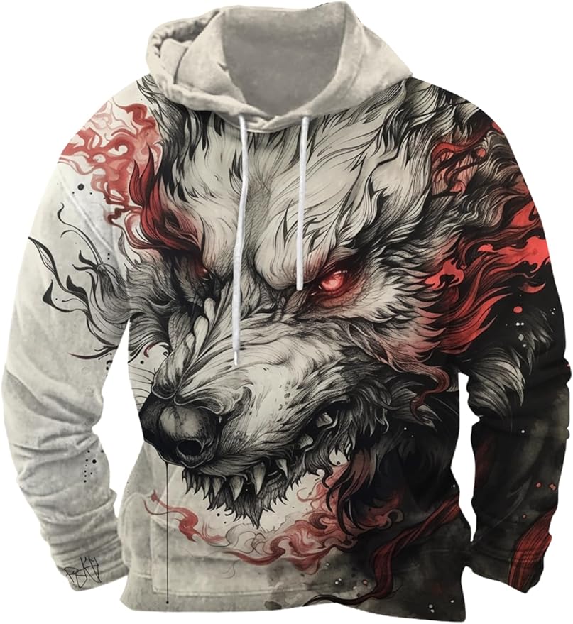 Mens Animal Print Graphic Hoodies Casual Long Sleeve Japanese Art Style Hooded Sweatshirt Lightweight Pullover Tops