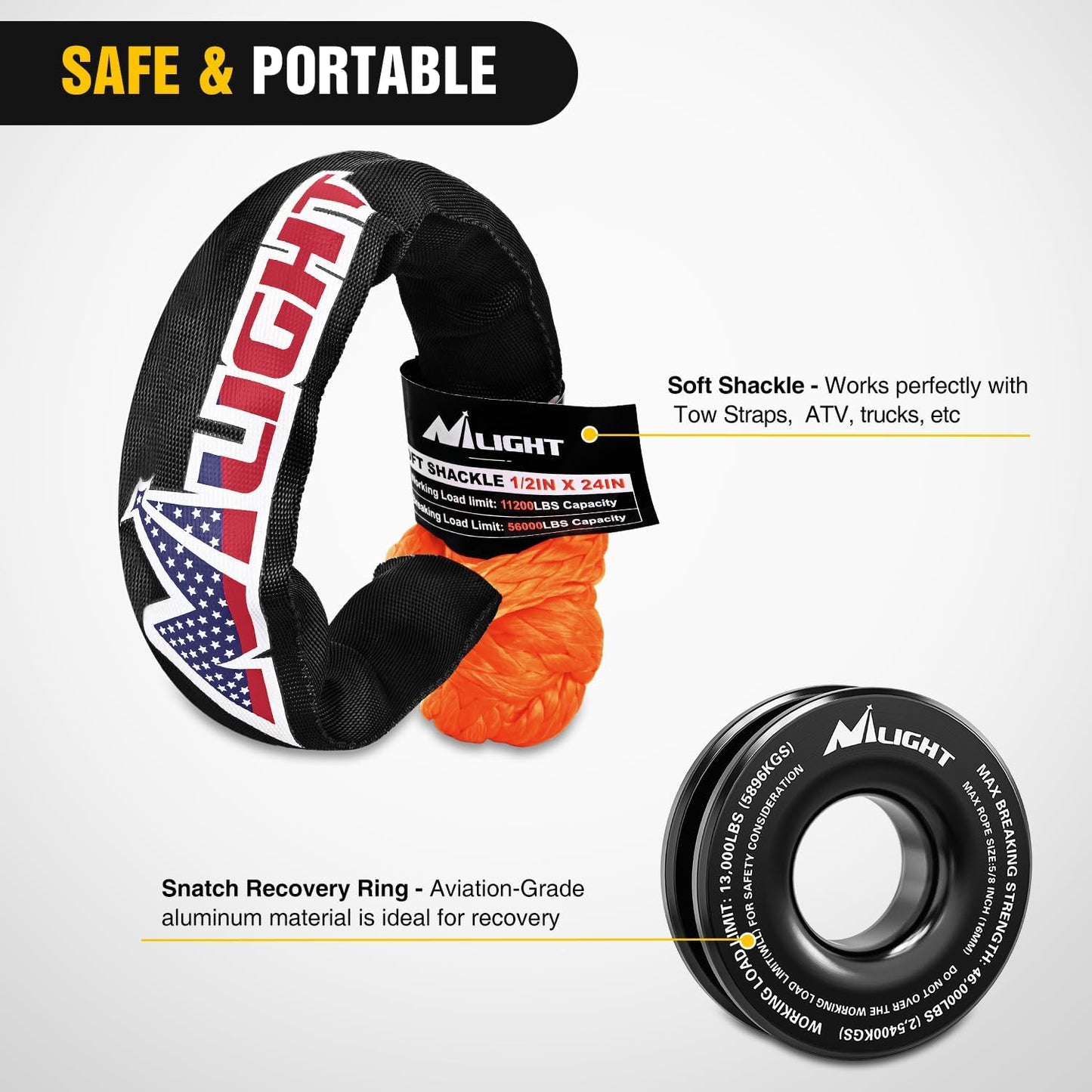 Nilight Synthetic Soft Shackle & Recovery Ring Kit 1/2inch x 24inch Soft Shackle (56,000 LBS Breaking Strength) with Snatch Ring (46,000 LBS MBS) for 4x4 Truck SUV ATV Off Road, 2 Years Warranty