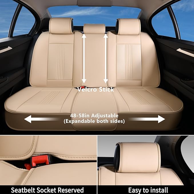 Coverado Seat Covers, Car Seat Covers Full Set, Beige Seat Cover, Front Seats Back Seat Cover, Waterproof Car Seat Cushion, Leather Car Seat Protector Universal Fit Most Cars