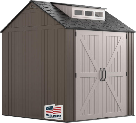 Rubbermaid Large Resin Outdoor Storage Shed With Floor (7 x 7 Ft.), Weather Resistant, Brown, Organization for Home/Lawn Mower/Backyard Equipment/Bike Storage/Pool Supplies