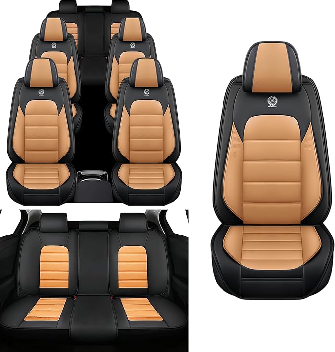 Car Seat Covers Fit for Toyota Highlander 2000-2025 | 7 Seat Car Seat Cover | No-Slip Waterproof Breathable Faux Leather Automotive Seat Covers Auto Interior Covers Black-Orange,Full Set
