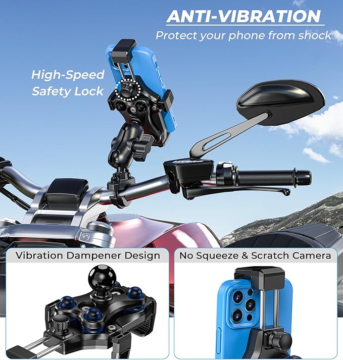 Motorcycle Phone Mount [Vibration Dampener] [High-Speed Secure Lock] Anti-Shake Motorcycle Cellphone Holder, Bike Phone Mount with Short Arm for 0.5"-1.26" Handlebar, 4.7"-7.2" Smartphone