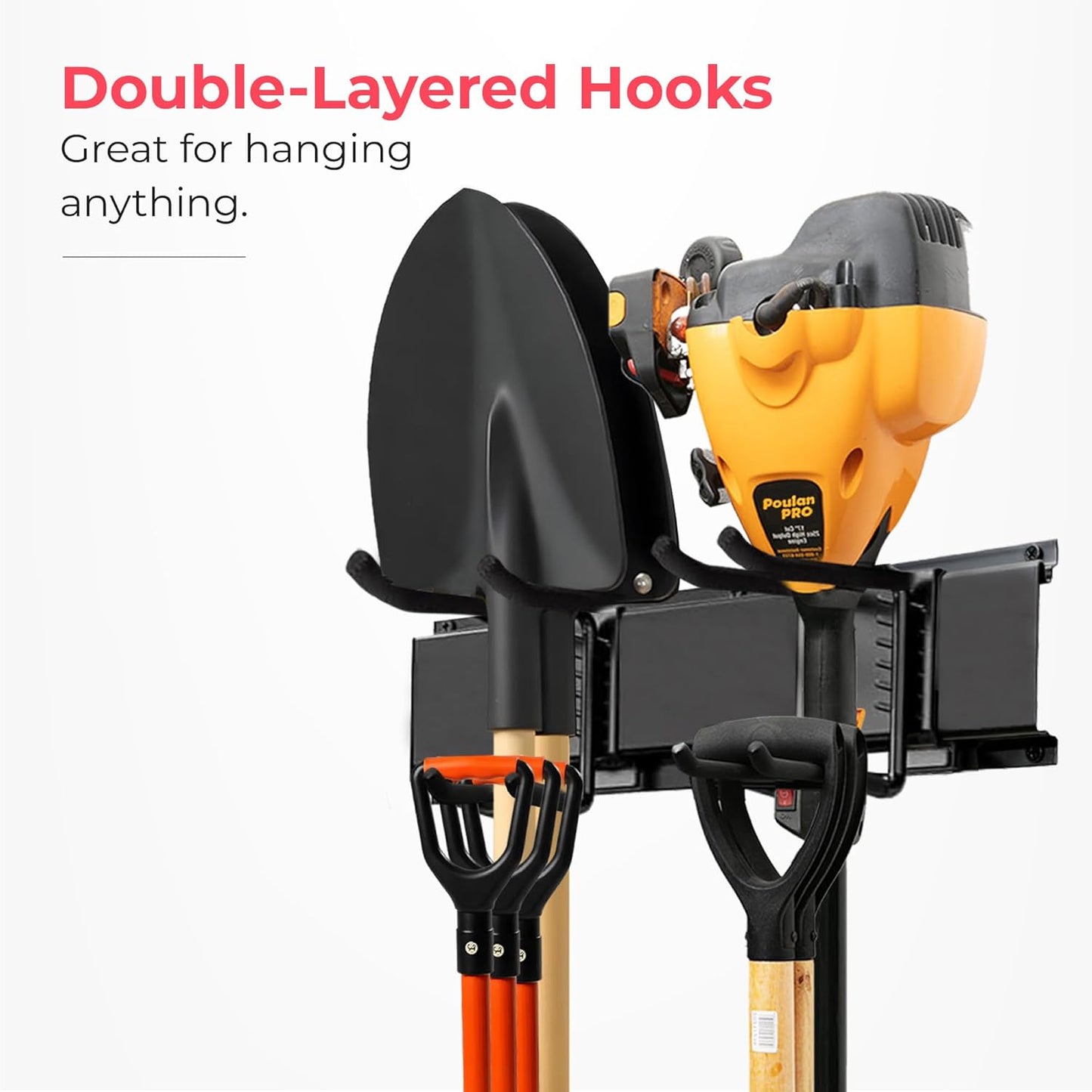 Heavy-Duty Garage Wall Storage System | Wall Mounted Tool Organizer Rack with Shelving | 12-Piece Mounting Kit | 6x10” Double-Layered Hooks & 2x24” Floating Utility Shelves