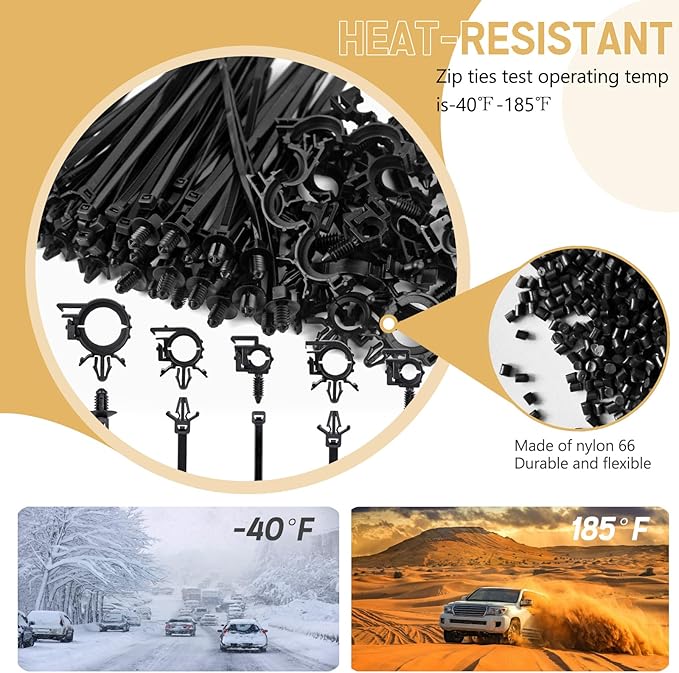 180pcs Nylon Universal Cable Tie Buckle, Push Mount Cable Zip Tie with Car Wire Loom Routing Clips, Universal Compatible with GM Ford Trucks Cars Sedan UTV Engine Bay Self Locking Straps