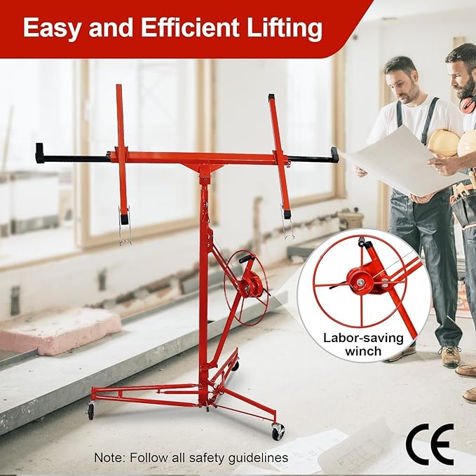 11FT Drywall Lift Sheetrock Lift, 150LBS Capacity, Drywall Lift Panel Hoist with Black Telescopic Arm, Drywall Jack Lift with 3 Lockable Wheels for Home Improvement, 4'x16' Panel Size, Red
