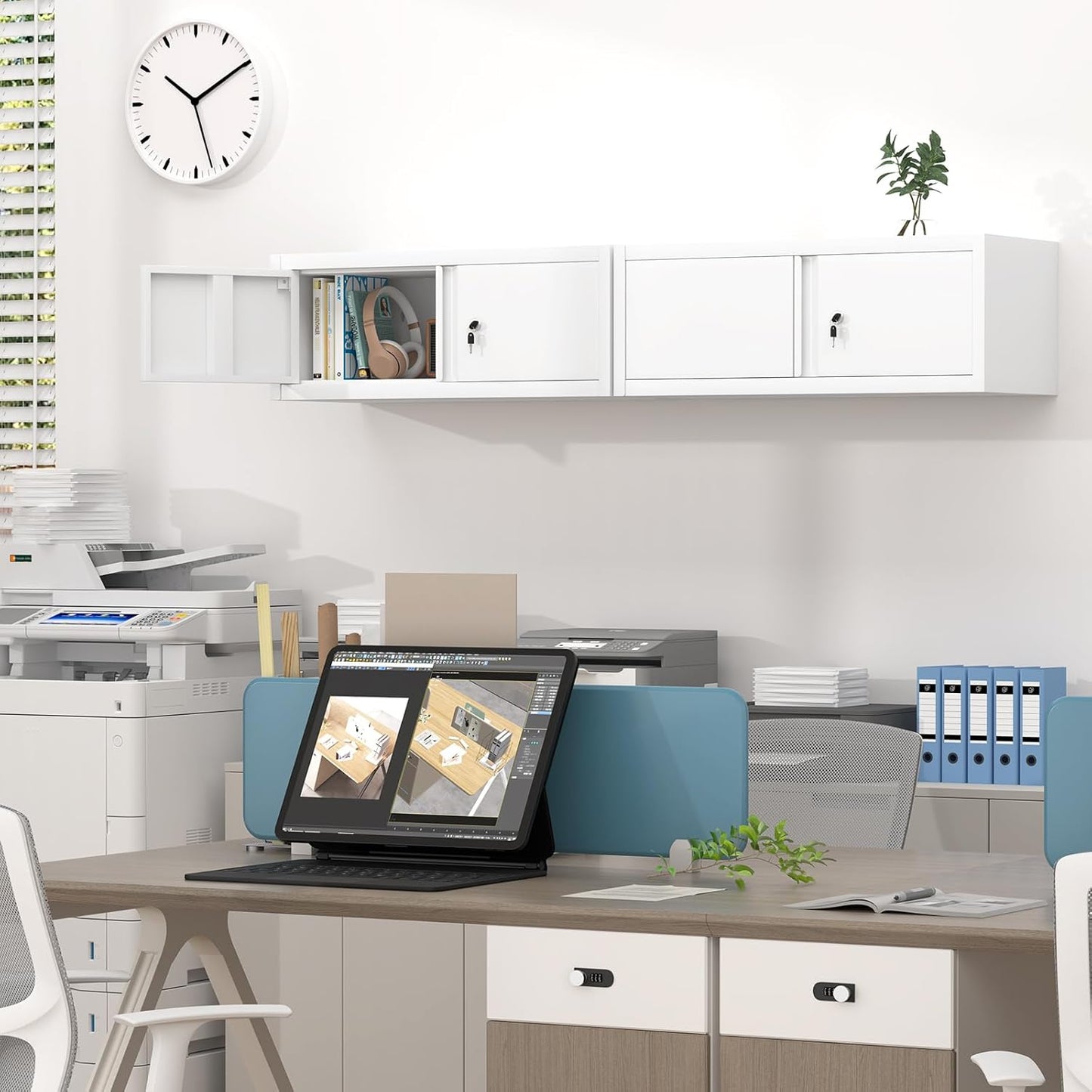 GREATMEET Locking Cabinet, Garage Storage Cabinet, Metal Wall Mounted Storage Cabinets with Doors for Garage, Hanging Floating (White, 13" H)