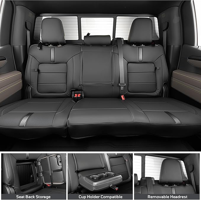 Seat Covers Fit for Chevy Silverado 1500 & GMC Sierra 1500 Crew Cab(2019-2025),Faux Leather Automotive Seat Covers,Custom Pickup Car Seat Covers Full Set,Black(with Rear Cup Holder/Seat Back Storage)