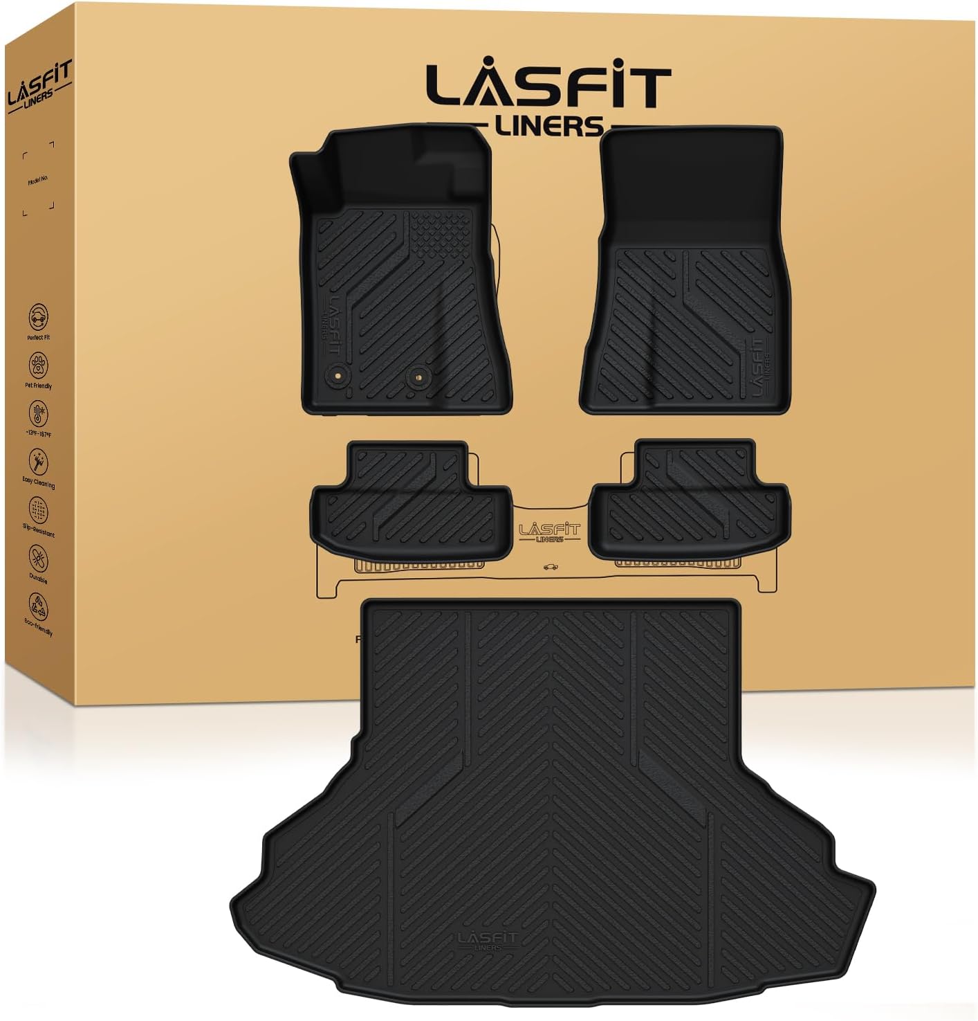 LASFIT Floor Mats and Trunk Mat for Ford Mustang 2015-2025 (Cargo w/o Subwoofer Box) All Weather Protector TPE Car Floor Liners, 1st & 2nd Row & Cargo Liner, 5pcs Black