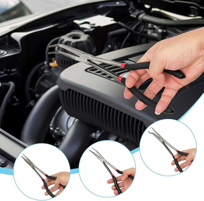 4 Pack 11" Long Nose Pliers Set with Portable Bag, Insulated Grip - Straight Needle Nose, 45/90 Degree Angle Curved & Circle Tools for Wire Bending, Shaping, Trimming