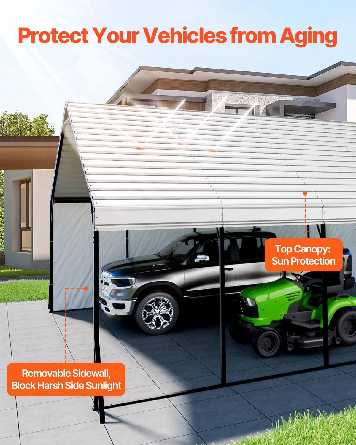 VEVOR 20x24 ft Heavy Duty Metal Carport, Outdoor Car Shelter with Removable PE Sidewalls, Steel Frame Garage for Car, Truck, Boat, Tractor, and Equipment Storage