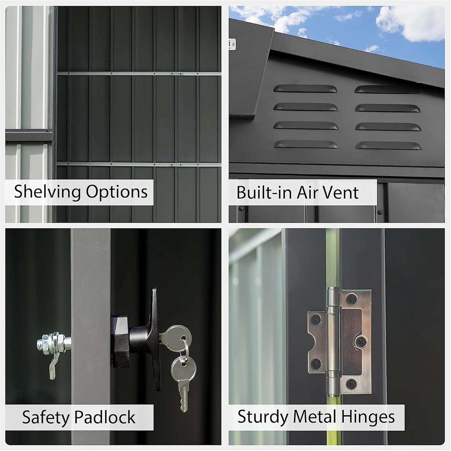 IKERY Galvanized Steel Storage Shed - 8.2' x 6.2' with Lockable Door, Large Metal Garden Shed for Bikes, Trash Cans and Outdoor Storage, Suitable for Backyard and Patio, Dark Gray