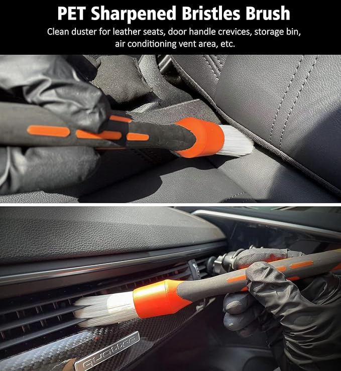 YeewayVeh 3pcs Car Detailing Brush Set, Boar Hair, Soft & Sharpened Bristles, Elbow Connection, Orange