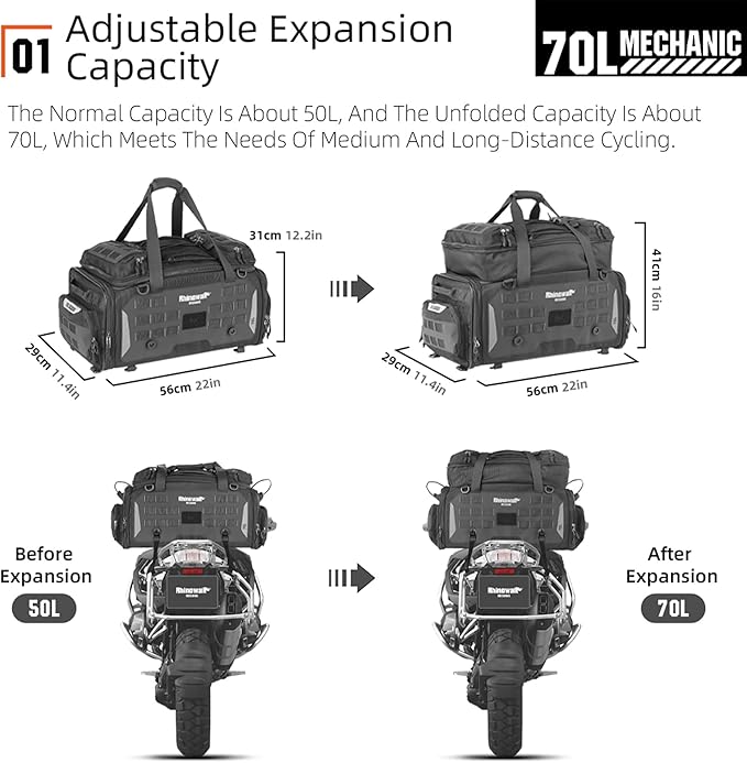 Rhinowalk Motorcycle Saddle Bag Tail Bag Expandable 50L to 70L Mechanic Series Motorbike Bag, Waterproof with MOLLE System, Multi-Compartment Travel Luggage for Powersports (70L, Black)