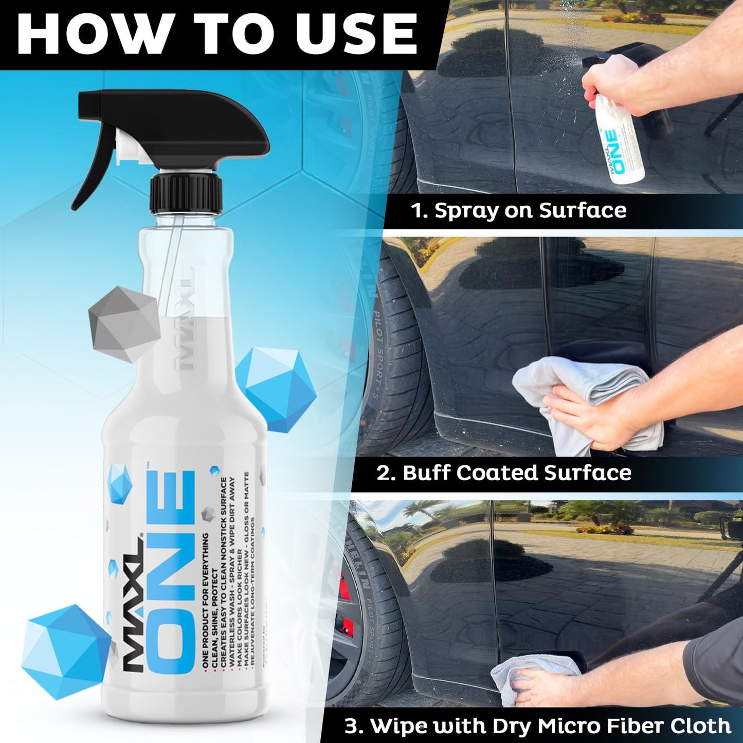 MAXLONE ™ Car Spray with Triphene® Technology, Quick Spray & Wipe All Purpose Waterless Detailer - Clean, Shine, Protect Paint, Glass, Wheels, Trim Without Pre-Washing (2, 20oz w 4 Micro Fiber Cloth)