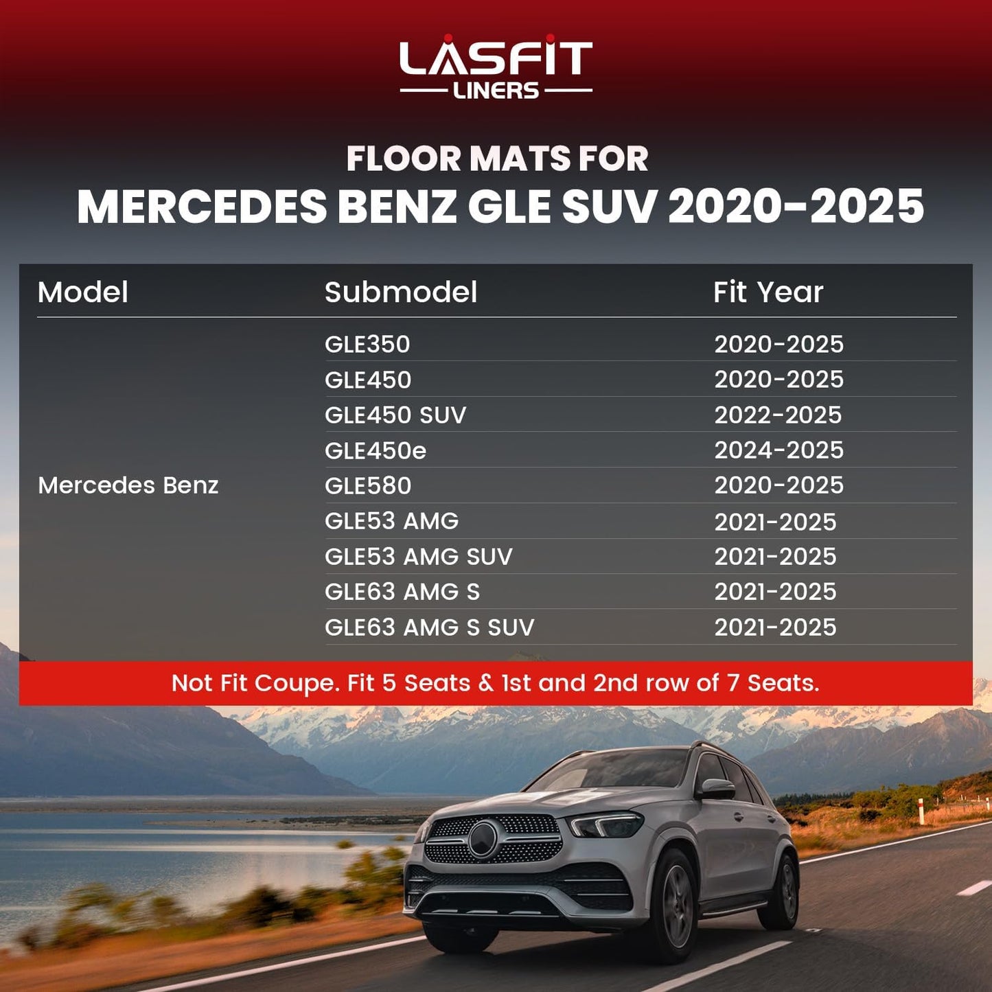 LASFIT Floor Mats for Mercedes Benz GLE SUV 2020-2026 350/450 / 450e / 580/53 AMG / 63 AMG S (Not Fit for Coupe), All Weather TPE Floor Liners Custom Fit GLE Car Mats, 1st & 2nd Row Set, Black