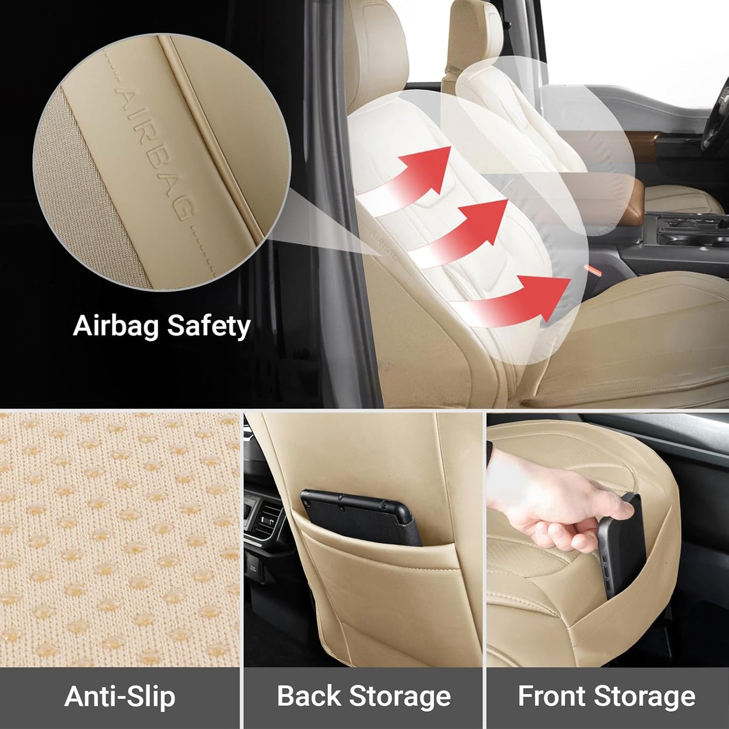 Coverland Custom Car Seat Covers Compatible with Silverado 2500HD, Maverick, Frontier - Premium Leather Non-Slip Memory Foam Waterproof Protector Front Seat-Beige [See Size Chart-Size A40]