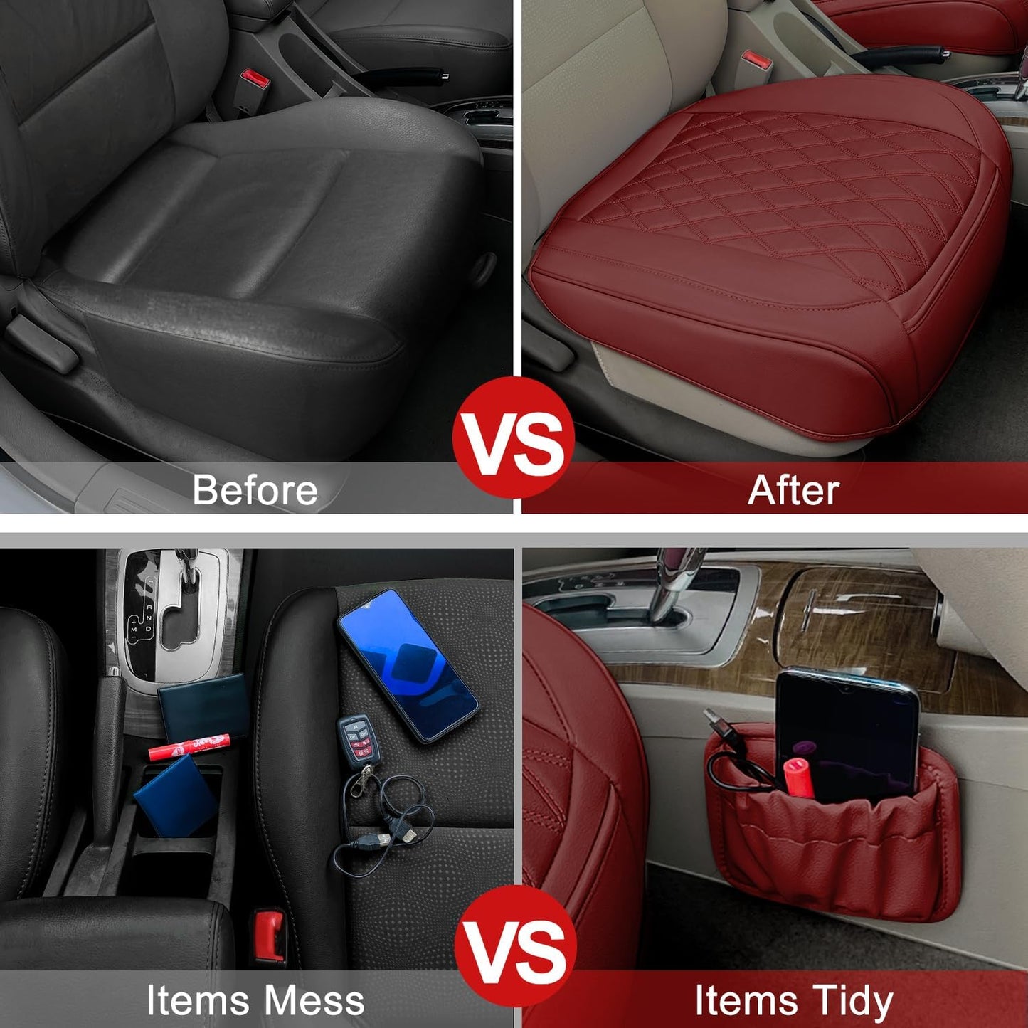 2 Pack Leather Front Car Seat Cover Bottom Car Seat, Anti-Slip and Full Wrap Driver Car Seat Protectors with Storage Pocket, Luxury Waterproof Bottom Auto Seat Cushion Pad Mat for Most Vehicles(Red)