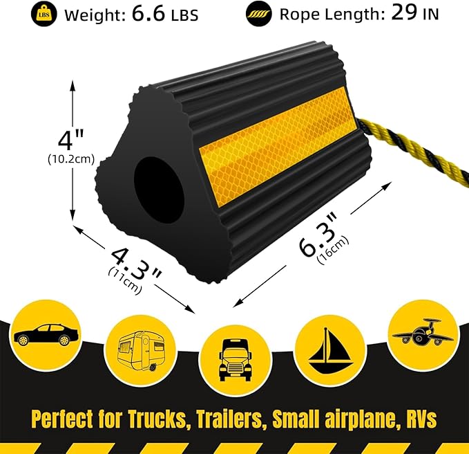 Wheel Chocks (2pair/4pack with Rope) for RV Trailer Camper Truck Car Aircraft, Versatile Heavy Duty Rubber Wheel Chocks Block with 3 Reflective Strips, Tire Wheel Immobilizers & Chocks