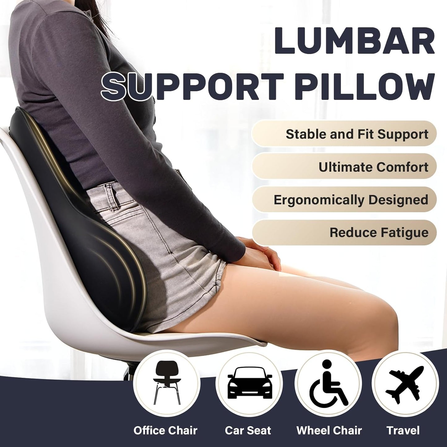Coverado Lumbar Support Pillow for Car, Ergonomic Memory Foam Back Pillow for Office Chair, New Back Cushion for Pain Relief, PU Leather Car Lumbar Support for Driving Seat - BK