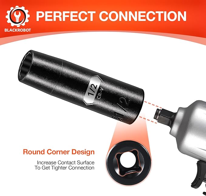 BLACKROBOT 1/2 inch 12-Point Deep Impact Socket, 1/2 Inch Drive, Metric, Cr-V Steel With Black Manganese Phosphate Coating