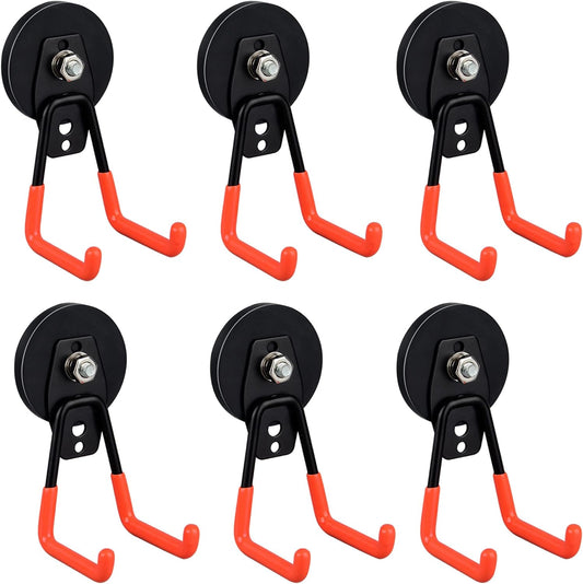 ULIBERMAGNET Heavy Duty Magnetic Garage Hooks,6 Pack Strong Large Magnet Hooks for Power Drill,Garden Tools,Hose,Pegboard,Garage, Workshop,Magnetic Storage Hook for Indoor Outdoor Hanging(Orange)