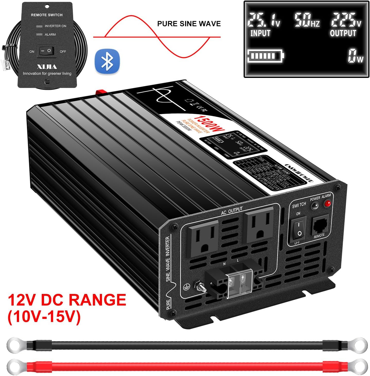 Xijia 1500W(Peak Power 3000W) Pure Sine Wave LCD-Display Solar Power DC 12V Inverter AC 120V 60HZ Solar Converter for Home Use car (DC12V (Range 10V-15V) 1500W