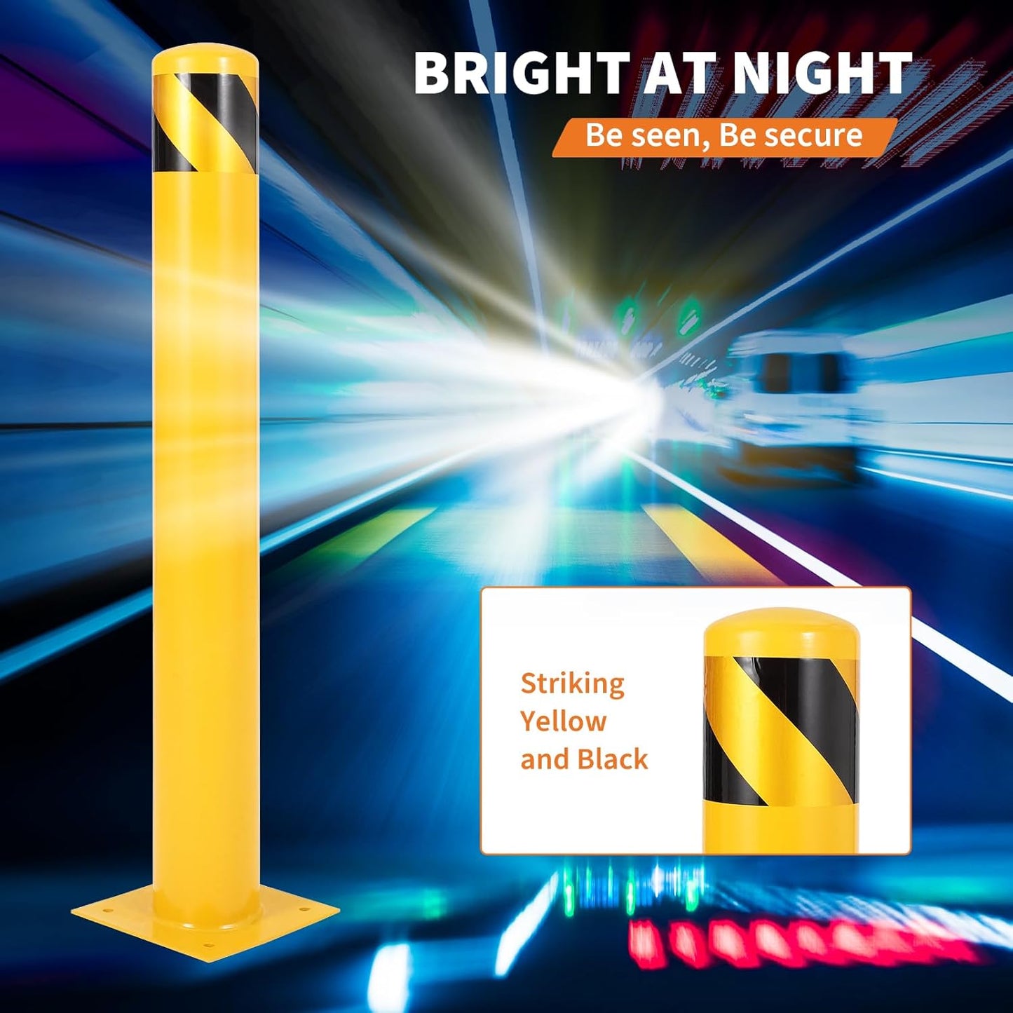 4.5x42 Inch Safety Bollard Post - Yellow Steel Bollard with Anchor Bolts (6-Pack) for Parking Lots, Walkways & Traffic Areas