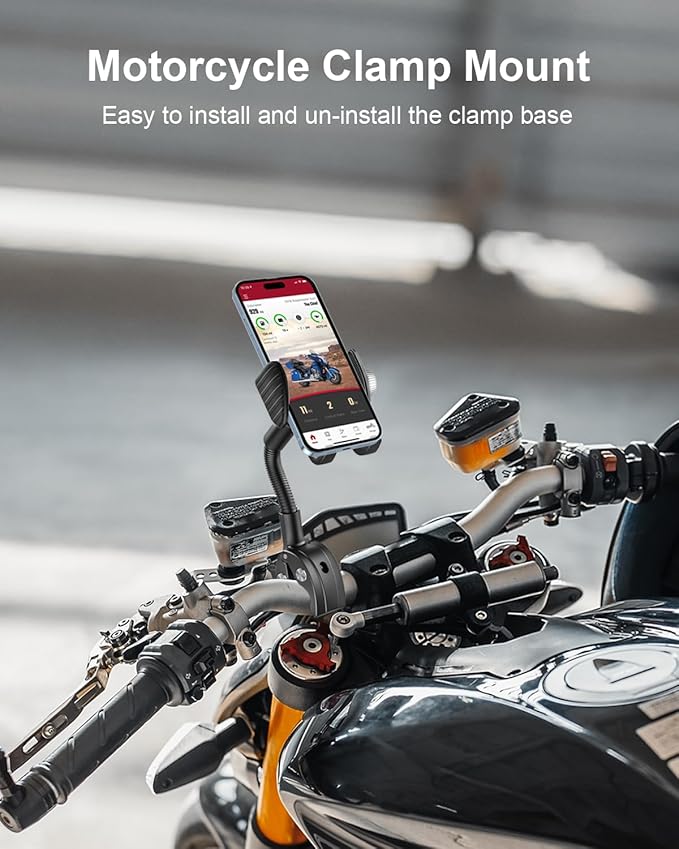 woleyi Gooseneck Phone Holder for Bike - Motorcycle Phone Mount, 360° Rotatable Adjustable Cell Phone Handlebar Clamp, Scooter Phone Clip, for iPhone Air 17 Pro Max 16 1514 13, S25, 4.7-7" Smartphones