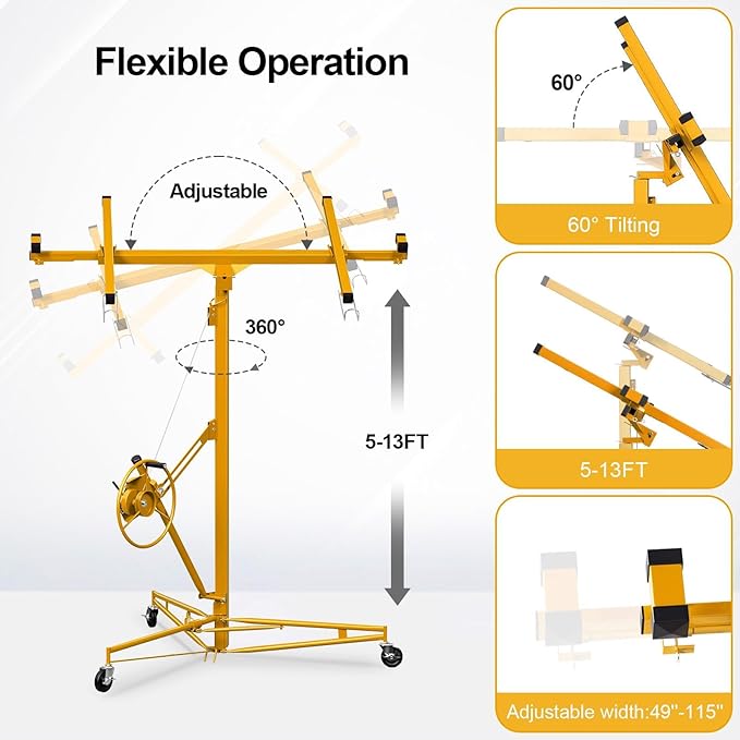13FT Drywall Lift Sheetrock Lift, 150LBS Capacity, Drywall Lift Panel Hoist with Telescopic Arm, Drywall Jack Lift with 3 Lockable Wheels for Home Improvement Classic, 4'x16' Panel Size, Yellow