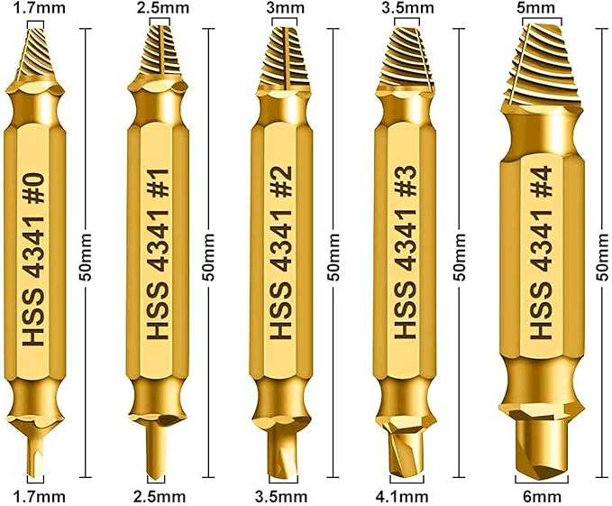 HSS 4341 Damaged Screw Extractor Set, 5-Piece Drill Bit Kit for Stripped Screws and Bolts, Gold, 2-14mm Range, High-Speed Steel with Storage Case
